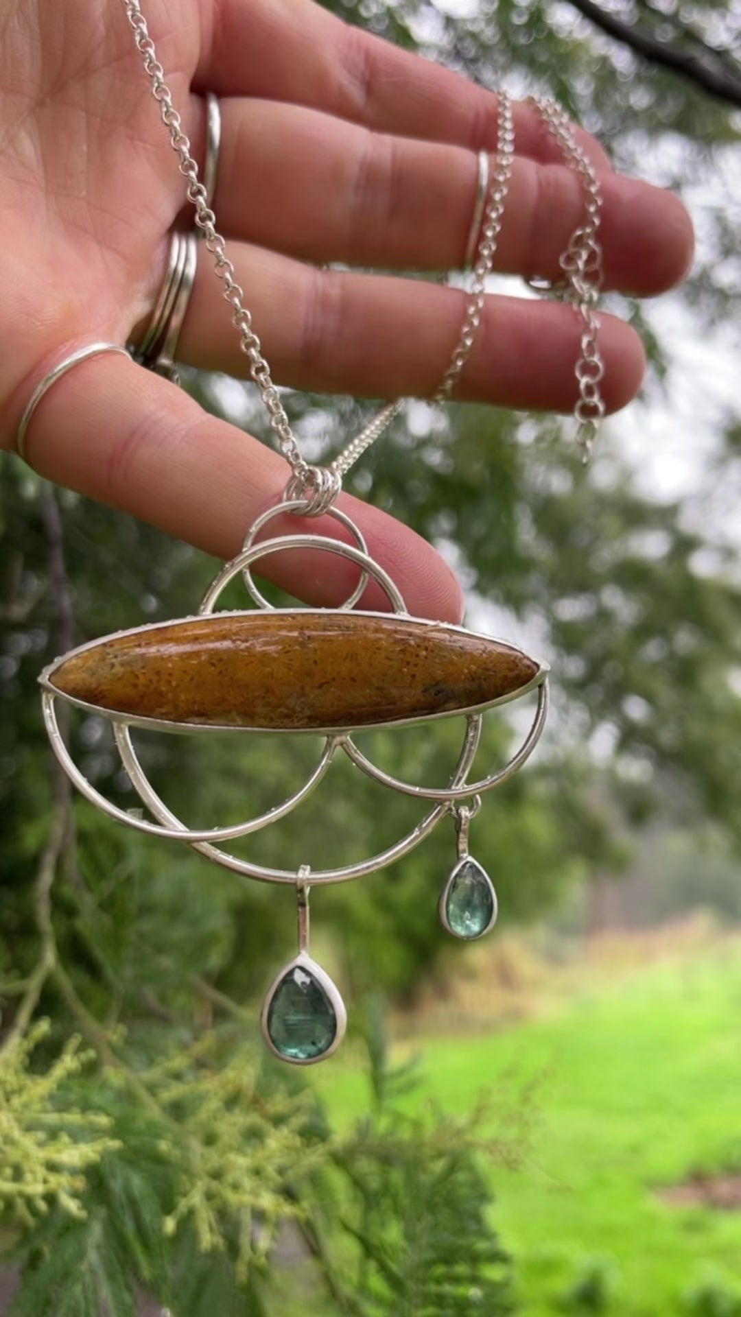 OOAK Healing Tears silver pendant #3 • Fossil coral & Kyanite (ready to ship)