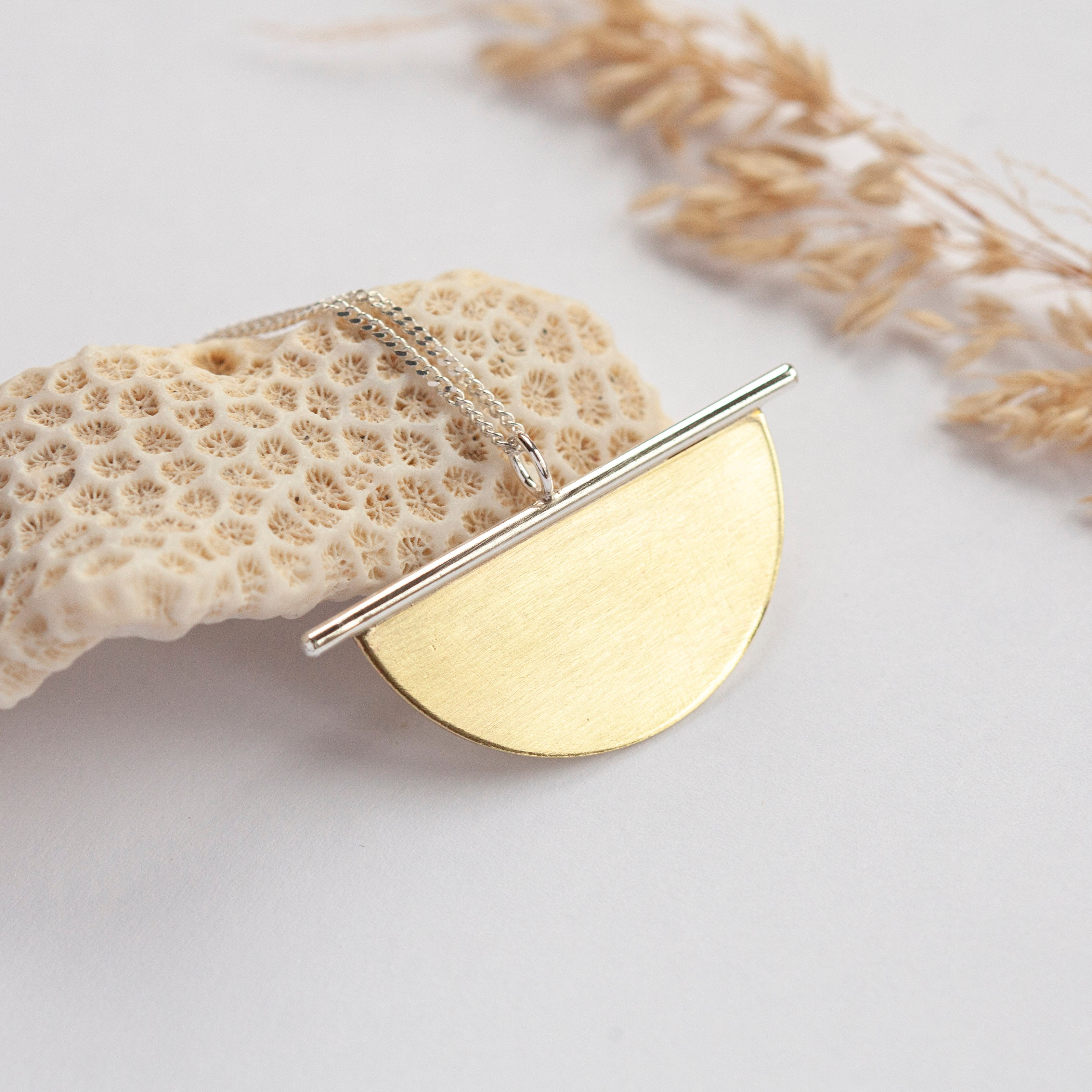 Pendant in brass and silver ~ brass half circle on silver line    (made to order)