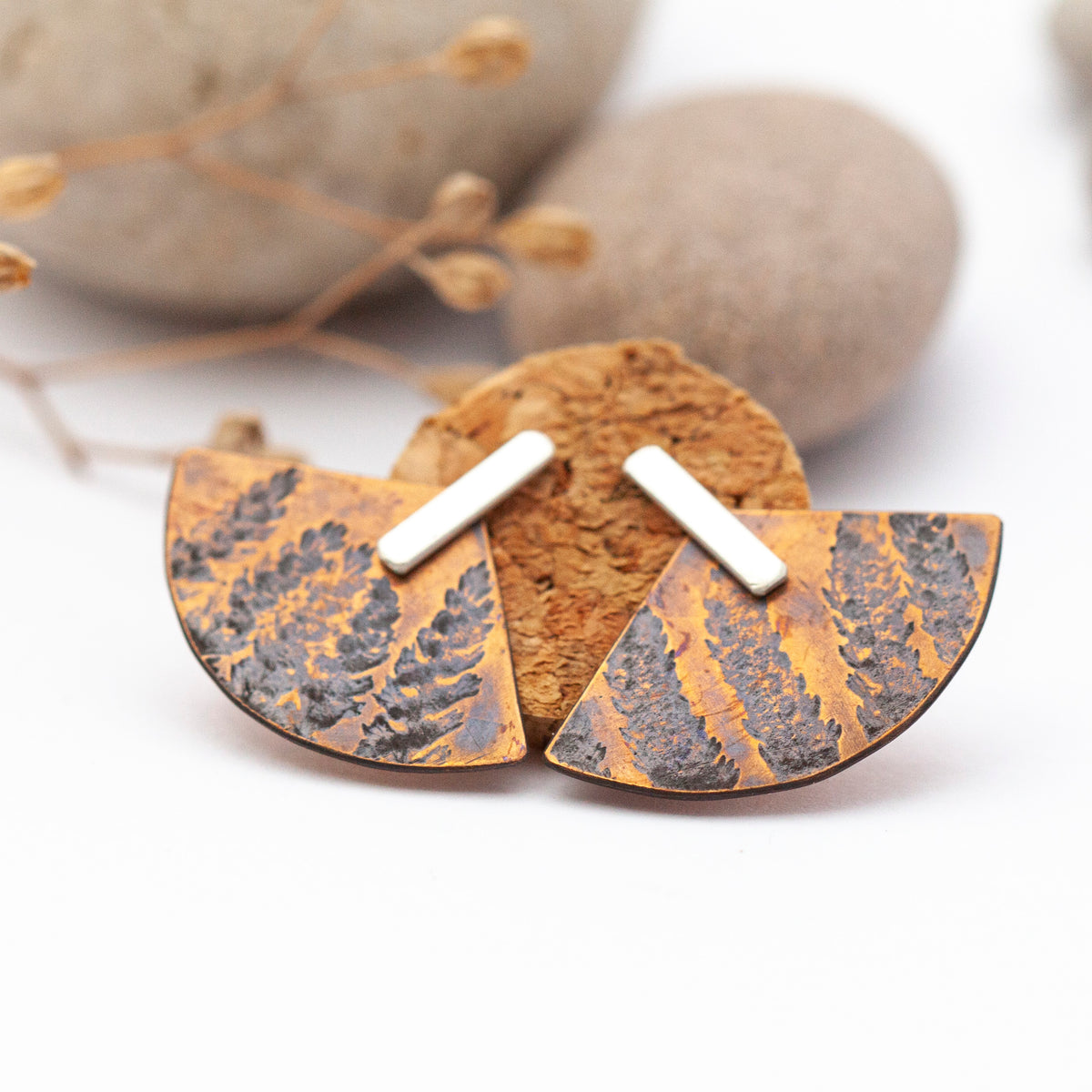 Ear jackets Aela pieza única #10 • cobre y plata • huella vegetal (listo para enviar)