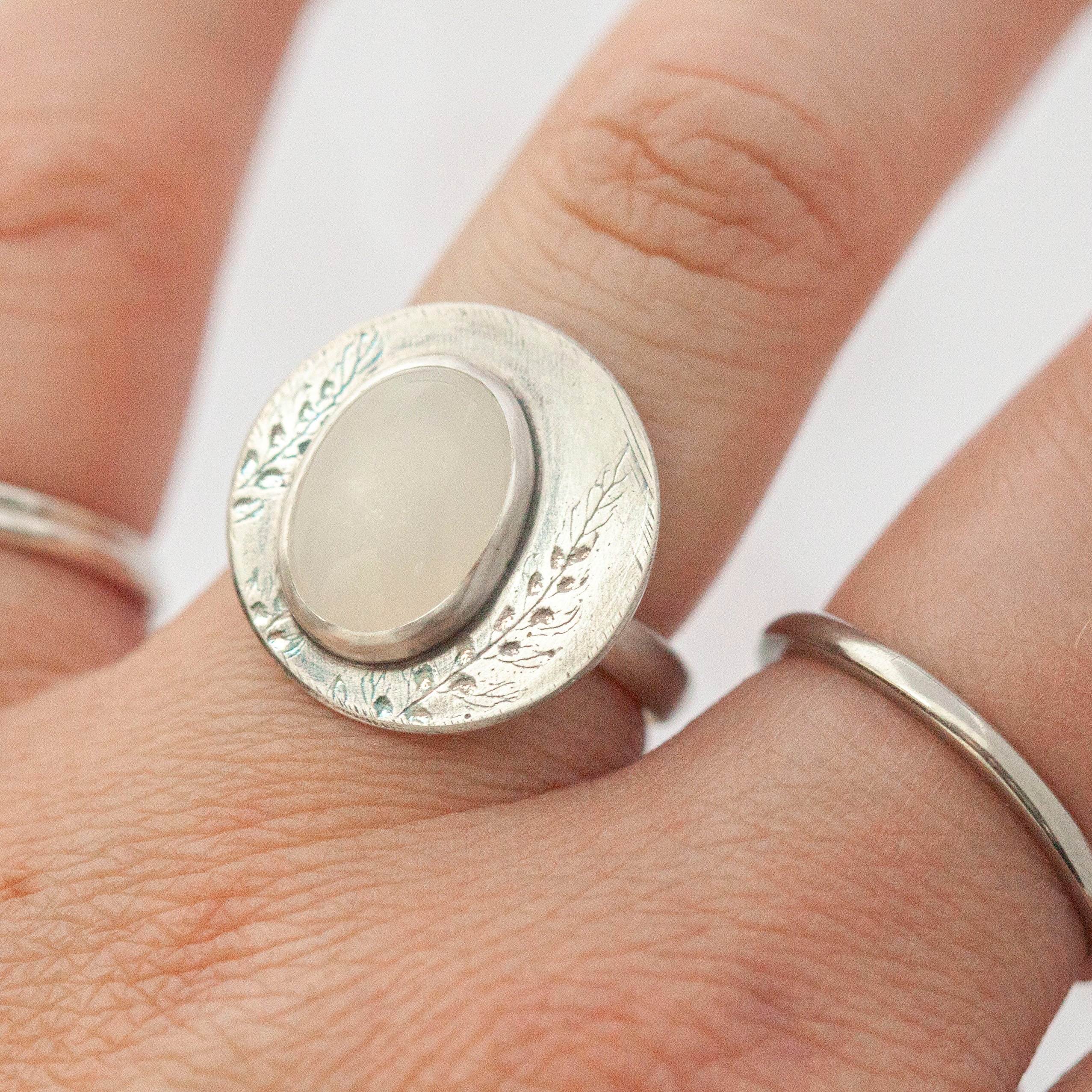 OOAK ring with plant imprint #1 • moonstone ~ size 55,25   (ready to ship)