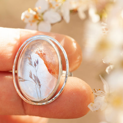 Anillo pieza única con planta capturada #3 • cuarzo transparente ~ talla 59   (listo para enviar)