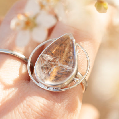 Anillo pieza única con planta capturada #3 • cuarzo transparente ~ talla 59   (listo para enviar)