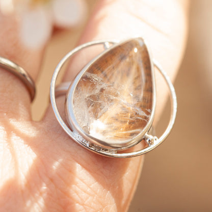 Anillo pieza única con planta capturada #3 • cuarzo transparente ~ talla 59   (listo para enviar)