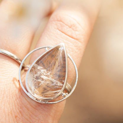 Anillo pieza única con planta capturada #3 • cuarzo transparente ~ talla 59   (listo para enviar)