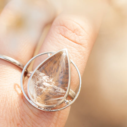 Anillo pieza única con planta capturada #3 • cuarzo transparente ~ talla 59   (listo para enviar)