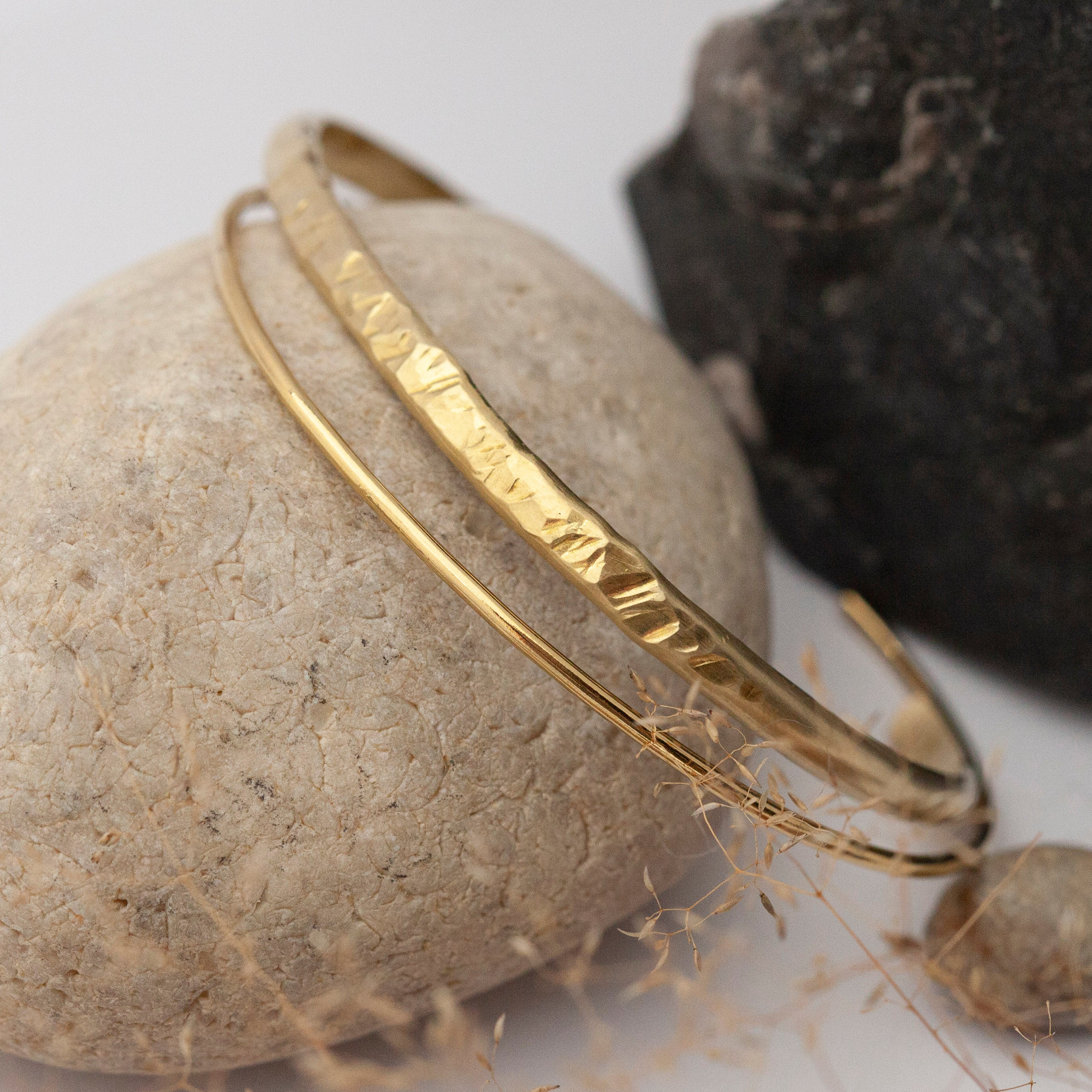 Simple brass cuff with hammered center ~ D shaped band   (Made to order)