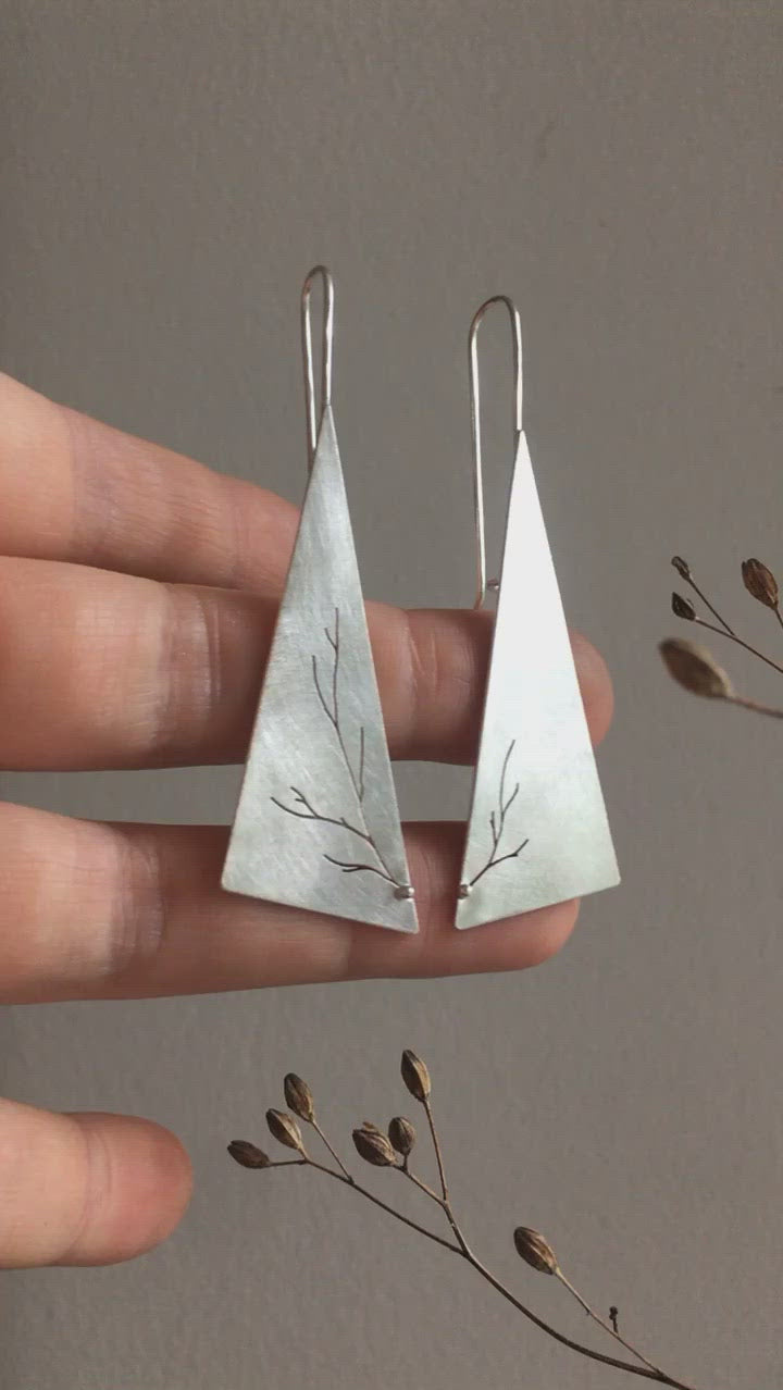 Long triangle earrings in silver with asymmetrical branch cut out    (made to order)
