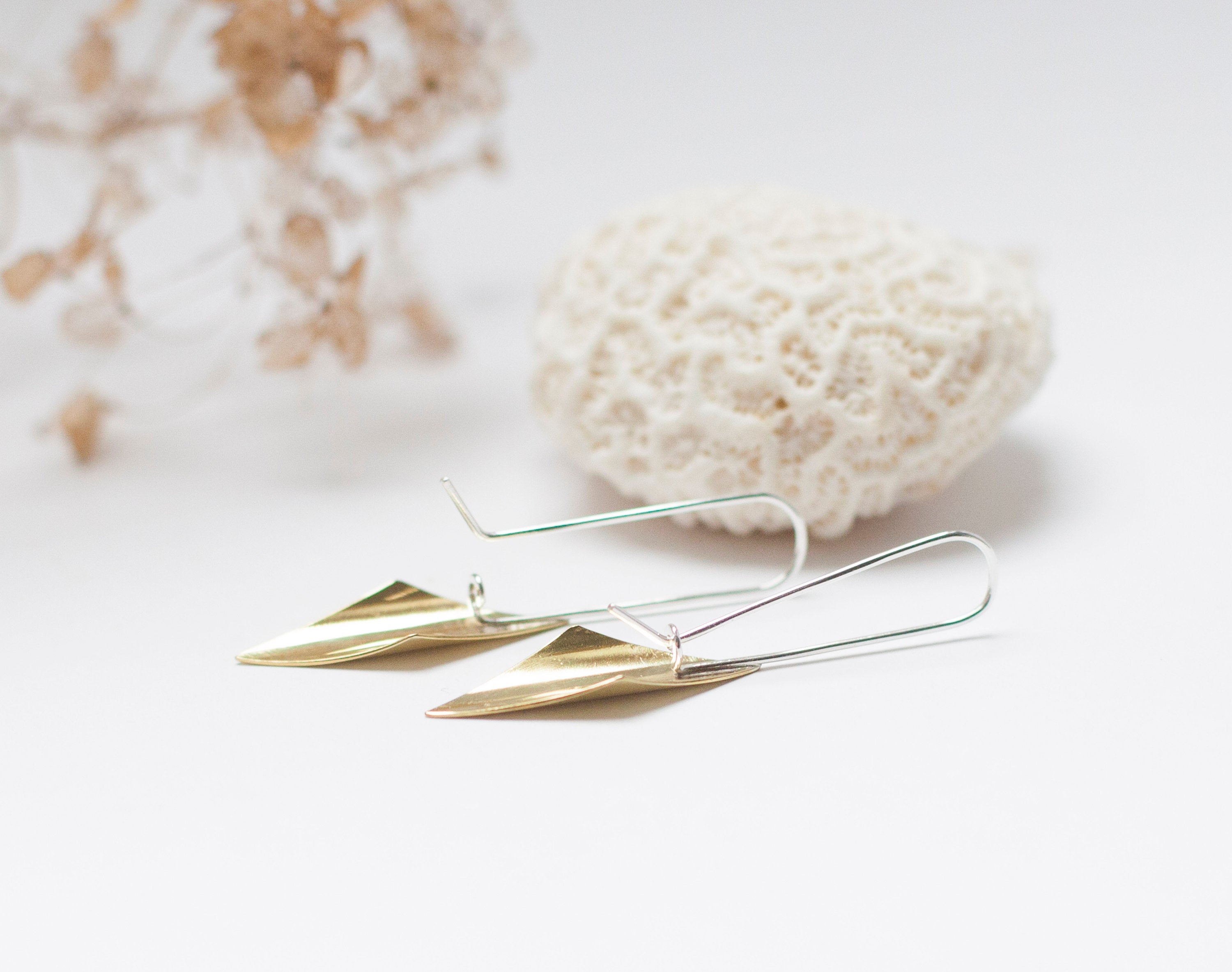 Dangling earrings in brass and silver, with rhombus in volume    (made to order)
