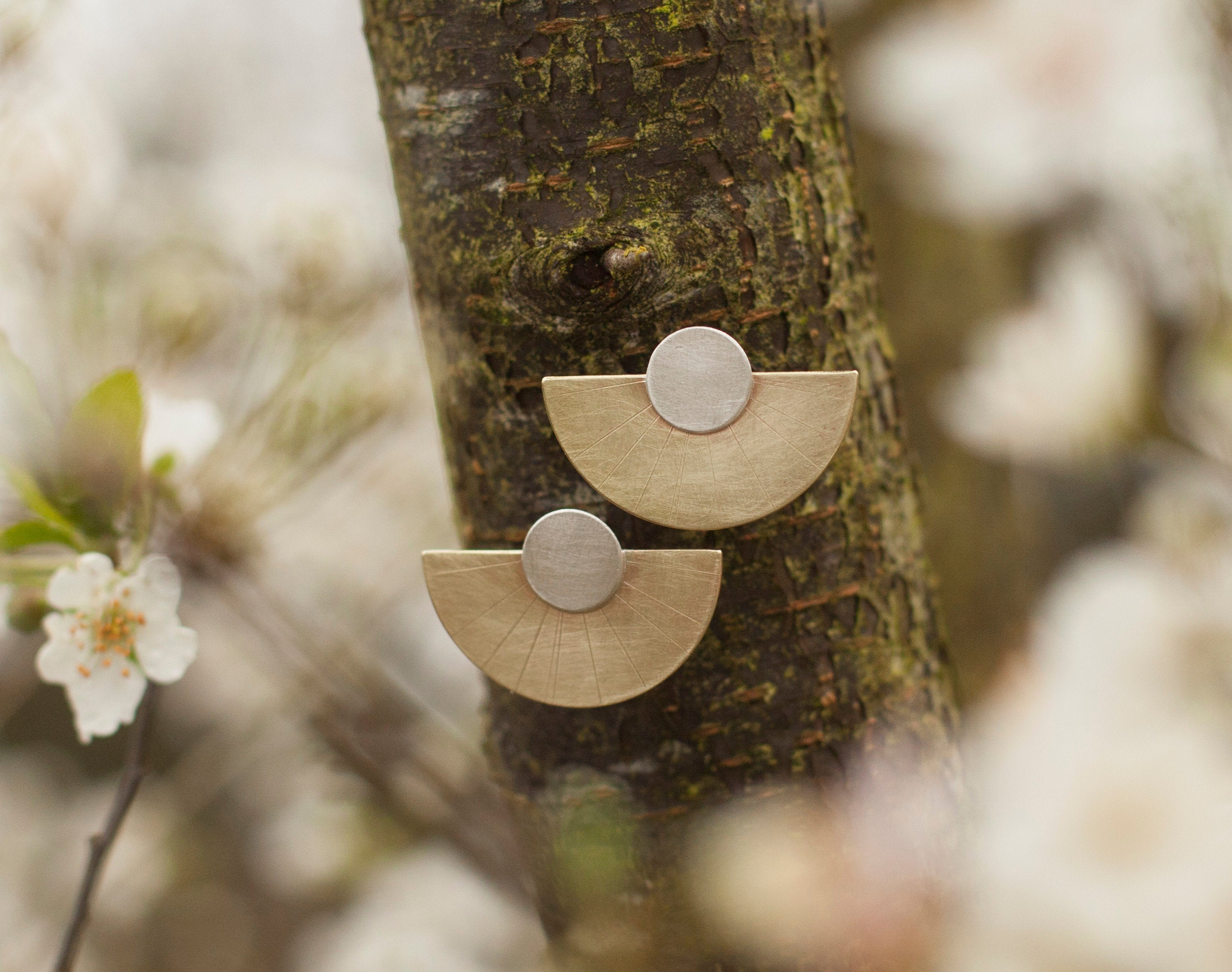 Mixed metals earrings ~ engraved half circle in brass & fresh silver circle    (made to order)